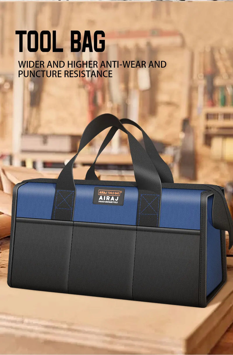 AIRAJ 14-Inch Tool Bag, Waterproof Oxford Cloth Electrician Organizer With 5 Pockets shown from the front with wide-open main compartment