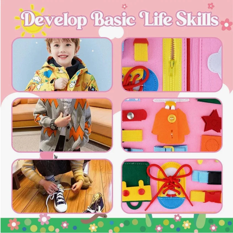 Montessori Busy Board For Toddlers, Sensory Life Skills Toy With Dressing Activities, Ages 3-6 featuring colorful hands-on activities