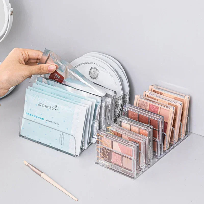 7-Compartment Makeup Organizer, Clear Eyeshadow Palette Storage Rack For Desktop Or Drawer used inside a makeup drawer