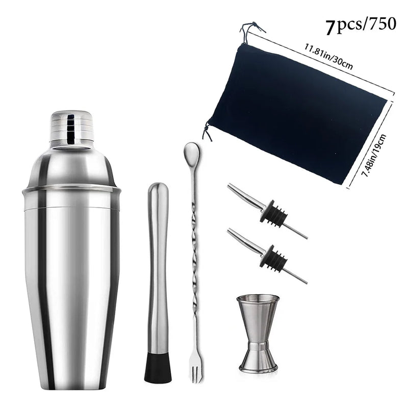 6/7/10-Piece Stainless Steel Cocktail Shaker Set, 304 Bartending Tools With Storage Bag packed in a convenient storage bag