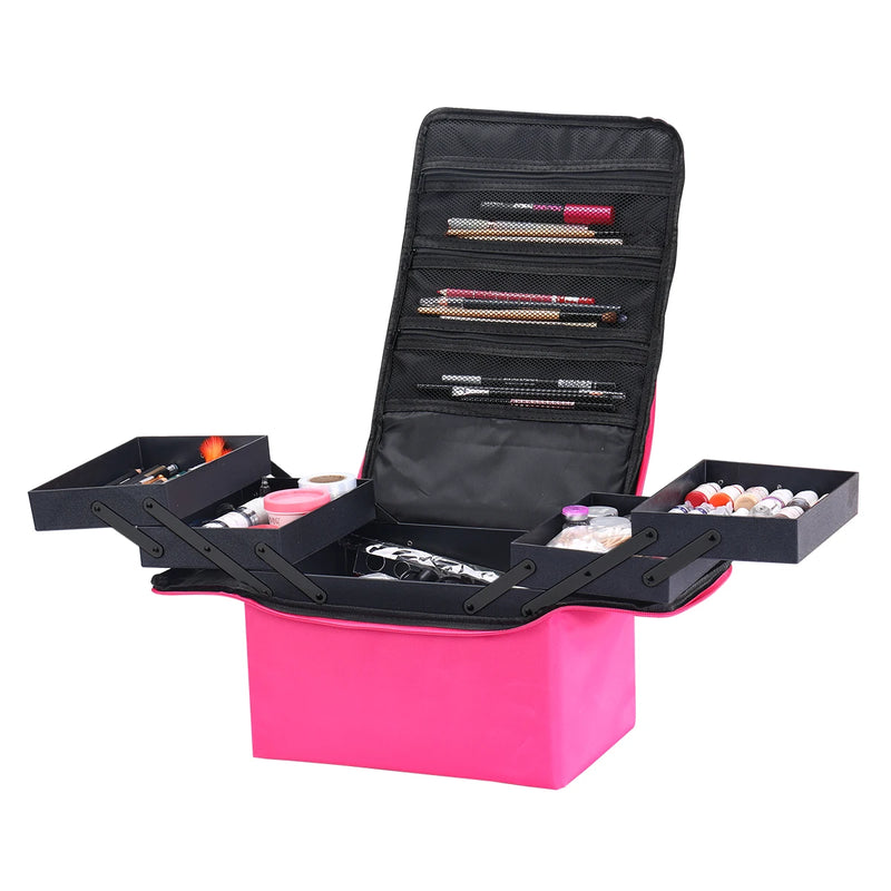 4-Tier Makeup Train Case, Portable Cosmetic Organizer, Adjustable Nail Storage Travel Bag with organized compartments for cosmetics and beauty tools