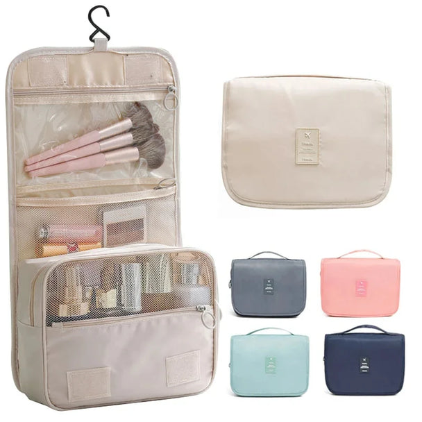 Waterproof Hanging Travel Makeup Bag, Foldable Toiletry Organizer With Hook shown open with multiple compartments for cosmetics, toiletries, and travel essentials