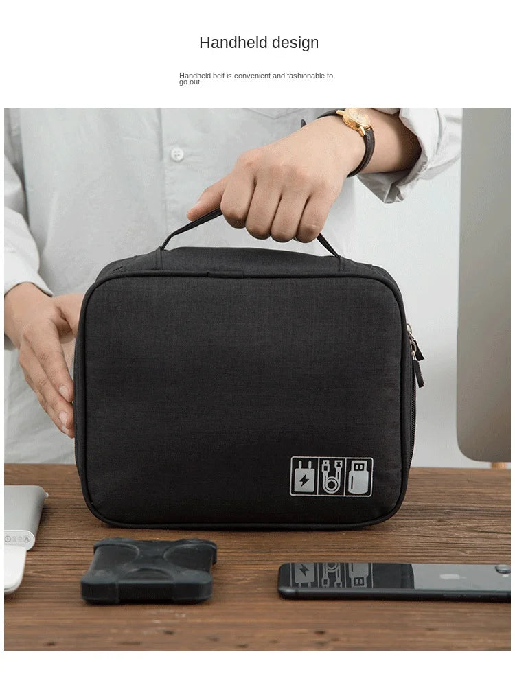 Travel Electronics Organizer Bag, Multi-Layer Oxford Cable, Charger And Tech Accessory Case shown in a compact rectangular design