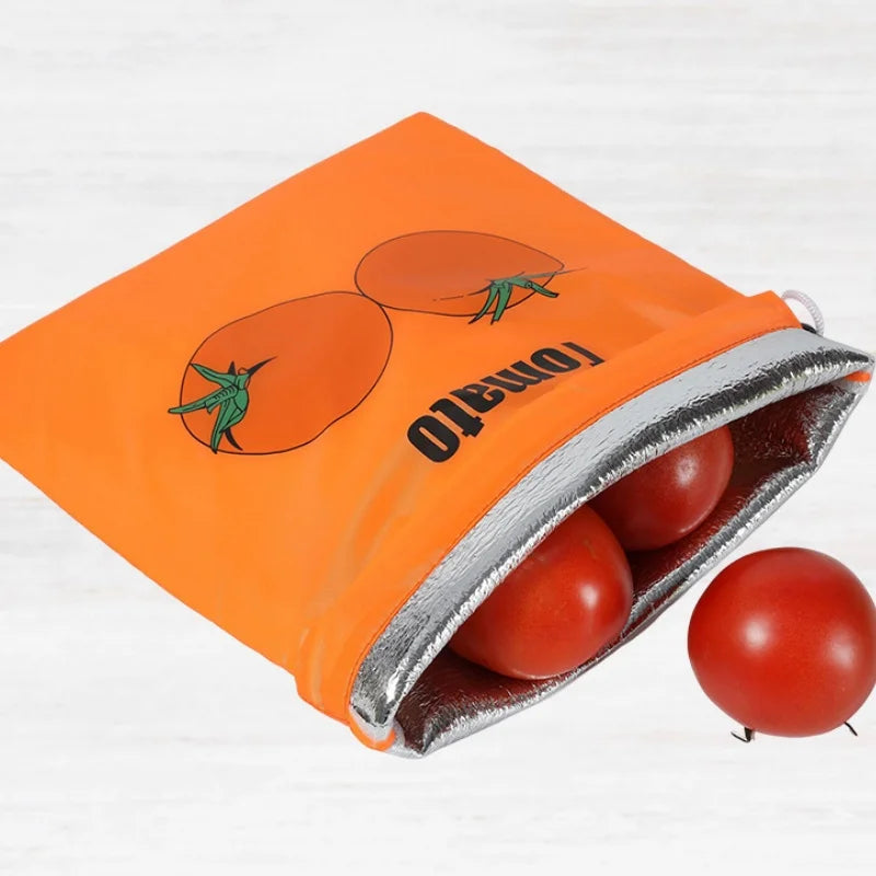 1pc Insulated Aluminum Film Produce Storage Bag, Foldable Drawstring Refrigerator Organizer with reflective insulated lining