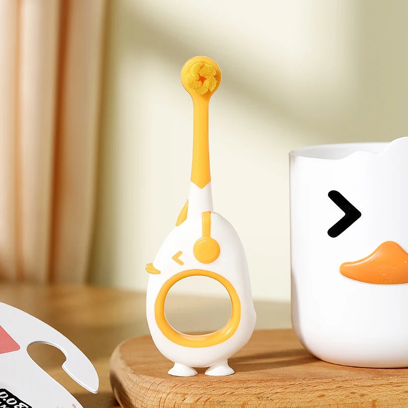 Baby Toothbrush For Infants And Toddlers 0-3, Small Head, Cartoon Handle, Suction Cup Base for supervised brushing at home or while traveling