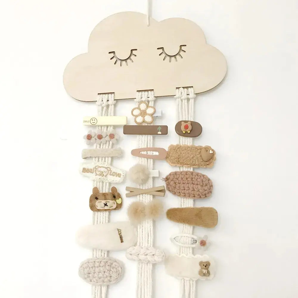 Solid Wood Cloud Ornament Jewelry Hairpin Bow Storage Holder, Rustic Decorative Organizer shown as a cloud-shaped wooden accessory holder