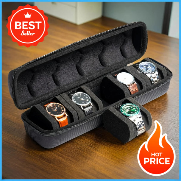 5-Slot Watch Travel Case With Velvet Pillow Inserts, Hard Shell Organizer For Smartwatches, Black exterior view