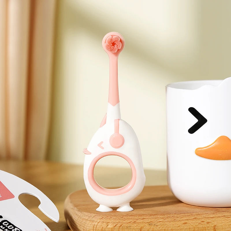 Baby Toothbrush For Infants And Toddlers 0-3, Small Head, Cartoon Handle, Suction Cup Base with upright suction cup storage