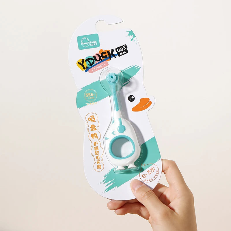Baby Toothbrush For Infants And Toddlers 0-3, Small Head, Cartoon Handle, Suction Cup Base featuring a playful cartoon handle