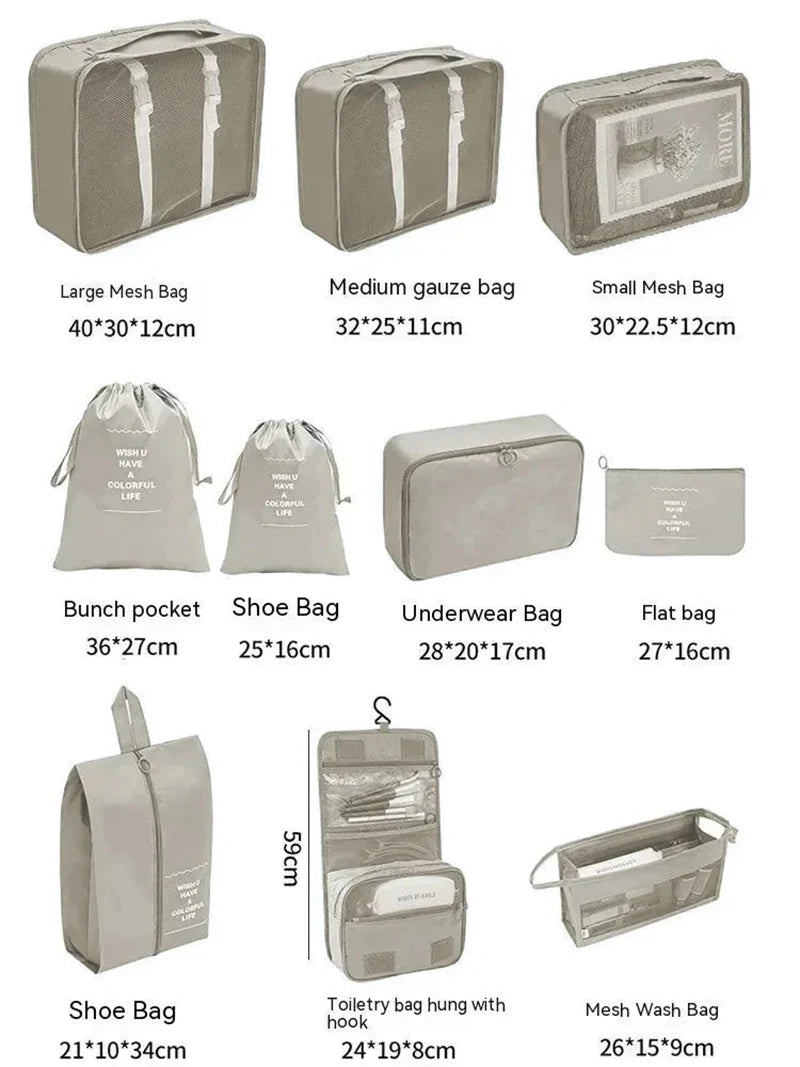 7/10-Piece Oxford Travel Organizer Set, Packing Cubes, Shoe Pouches, Foldable Luggage Bags arranged for suitcase packing