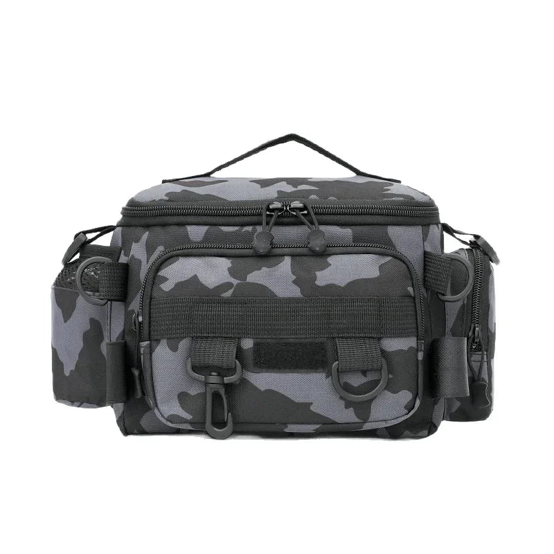 Black Fishing Tackle Shoulder Bag, Nylon Waist Pack With Fishing Rod Holder For Outdoor Sports featuring durable nylon storage and convenient rod holder