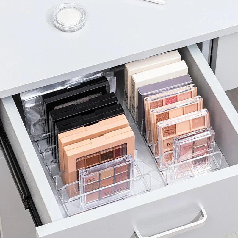7-Compartment Makeup Organizer, Clear Eyeshadow Palette Storage Rack For Desktop Or Drawer with clear vertical compartments