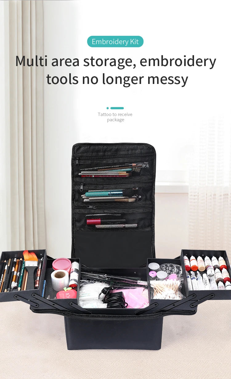 4-Tier Makeup Train Case, Portable Cosmetic Organizer, Adjustable Nail Storage Travel Bag for makeup, nail supplies, brushes, and accessories