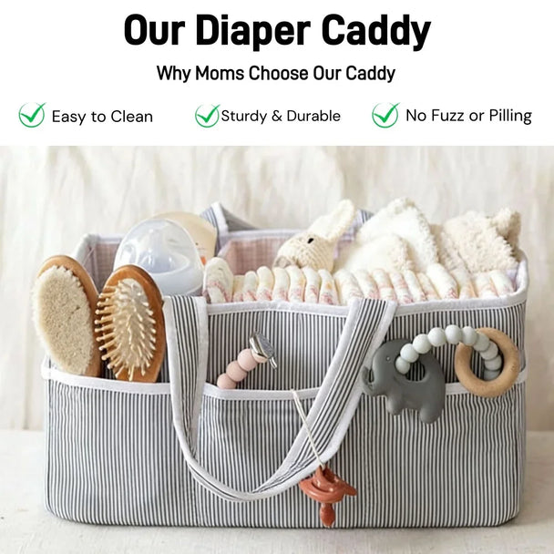 Baby Diaper Caddy Organizer, Organic Cotton Storage Basket For Newborn Essentials with compartments for diapers, pacifiers, creams, and newborn accessories