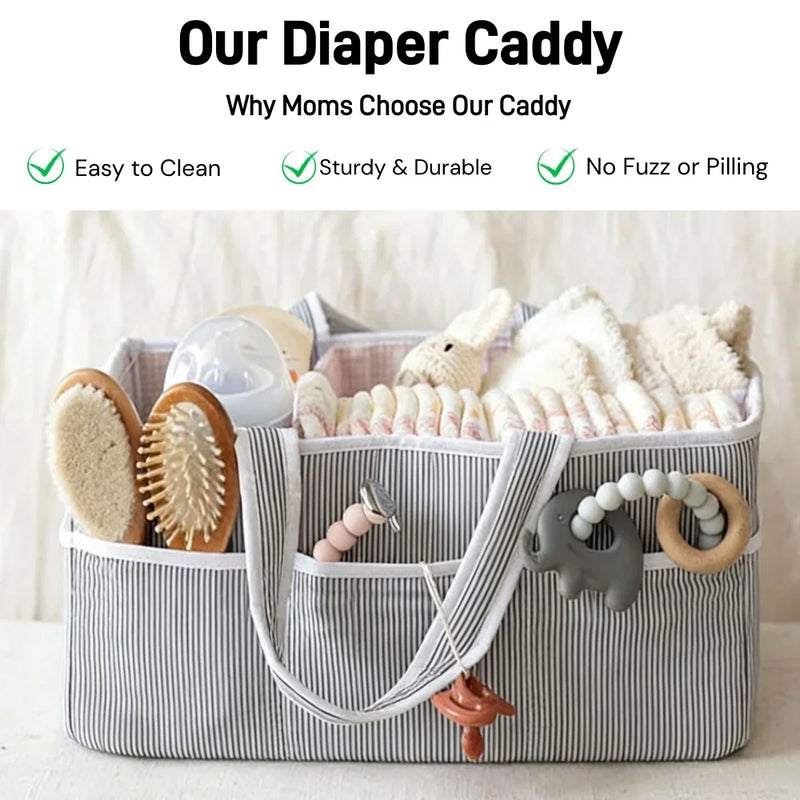 Baby Diaper Caddy Organizer, Organic Cotton Storage Basket For Newborn Essentials with compartments for diapers, pacifiers, creams, and newborn accessories