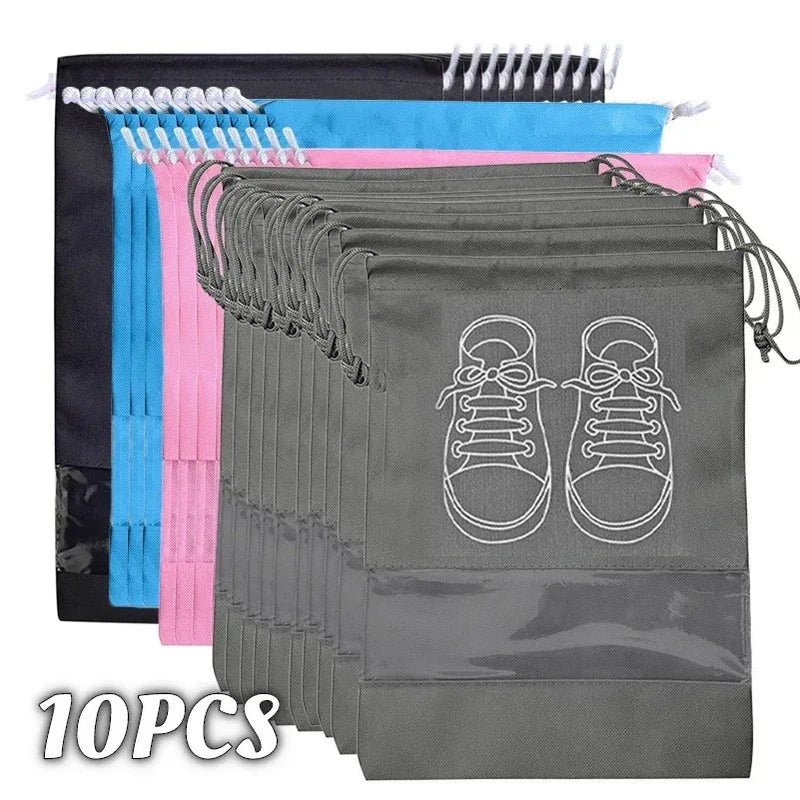 10-Pack Foldable Non-Woven Shoe Storage Bags With Transparent Pockets, Travel Organizers displayed for closet and luggage organization