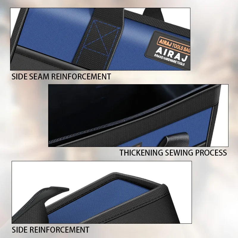 AIRAJ 14-Inch Tool Bag, Waterproof Oxford Cloth Electrician Organizer With 5 Pockets displaying its wide-mouth opening and metal frame