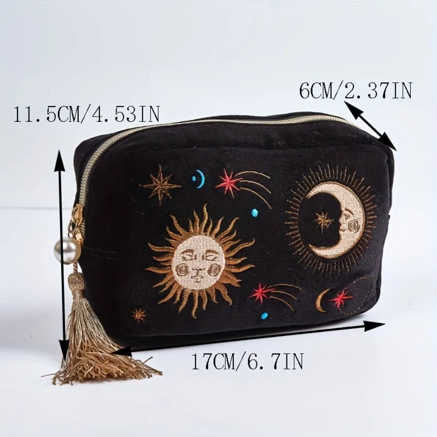 Large Capacity Sun Moon Embroidery Makeup Organizer  Travel Makeup Organizer with Multiple Compartments Zipper Closure Handbag