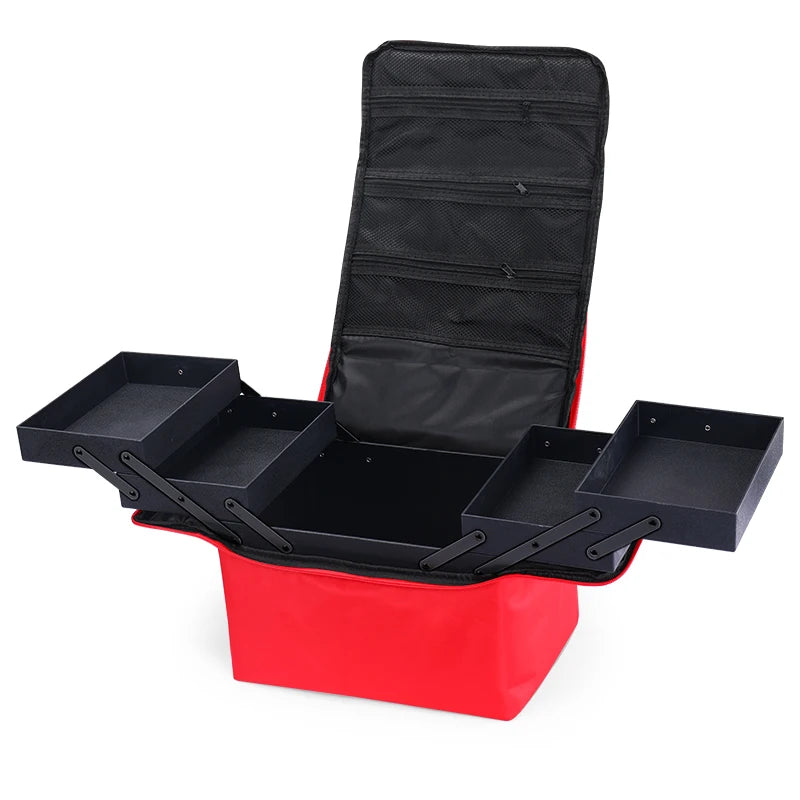 4-Tier Makeup Train Case, Portable Cosmetic Organizer, Adjustable Nail Storage Travel Bag featuring adjustable interior sections