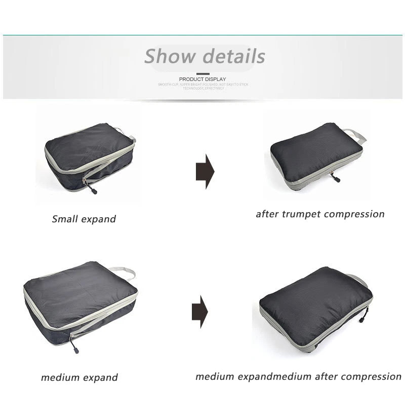 Foldable Compression Packing Cubes, Waterproof Oxford Travel Bags With Handles, Luggage Organizer shown as a durable suitcase packing solution