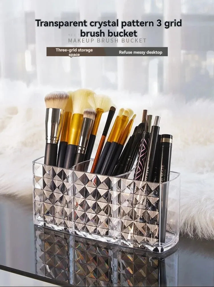 Diamond Patterned 3-Grid Transparent Storage Box, Cosmetic And Bathroom Organizer for vanity, countertop, or desk storage