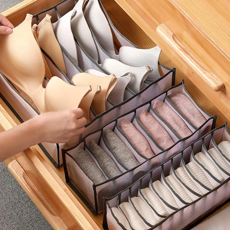 Foldable Drawer Organizer Box For Socks, Underwear, Bras, And Jeans, 7/9/11 Grids shown in gray for closet and wardrobe storage