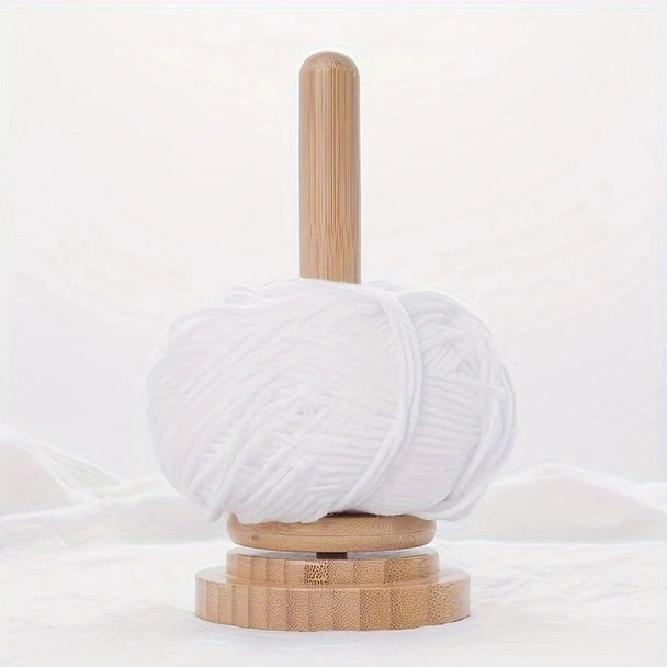 Bamboo Wood Yarn Winder Stand, Rotating Tabletop Yarn Spool Holder For Knitting And Crochet shown in natural wood finish