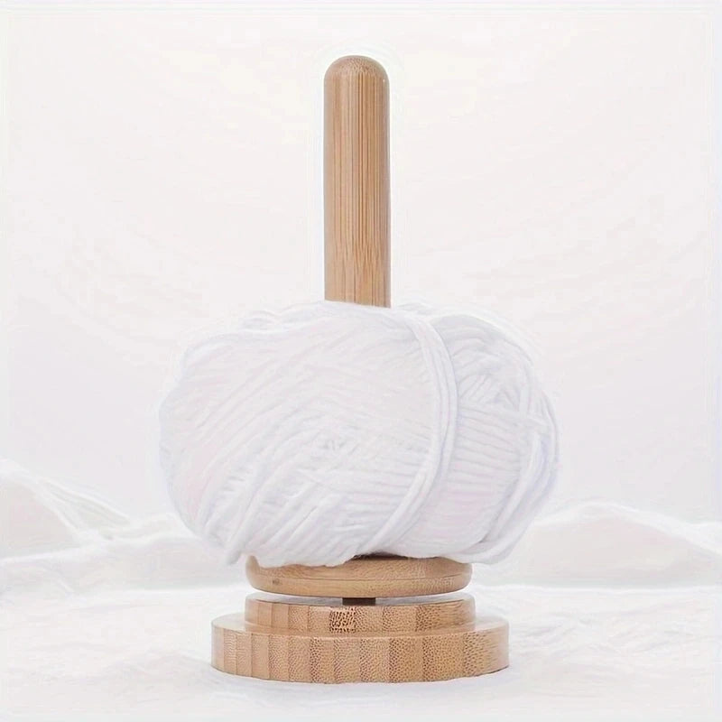 Bamboo Wood Yarn Winder Stand, Rotating Tabletop Yarn Spool Holder For Knitting And Crochet shown in natural wood finish