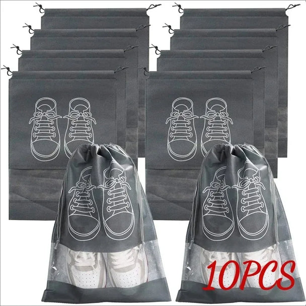 10-Pack Foldable Non-Woven Shoe Storage Bags With Transparent Pockets, Travel Organizers showing clear identification pockets and reusable fabric design