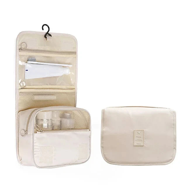Waterproof Hanging Travel Makeup Bag, Foldable Toiletry Organizer With Hook folded flat for packing in luggage or carry-on bags