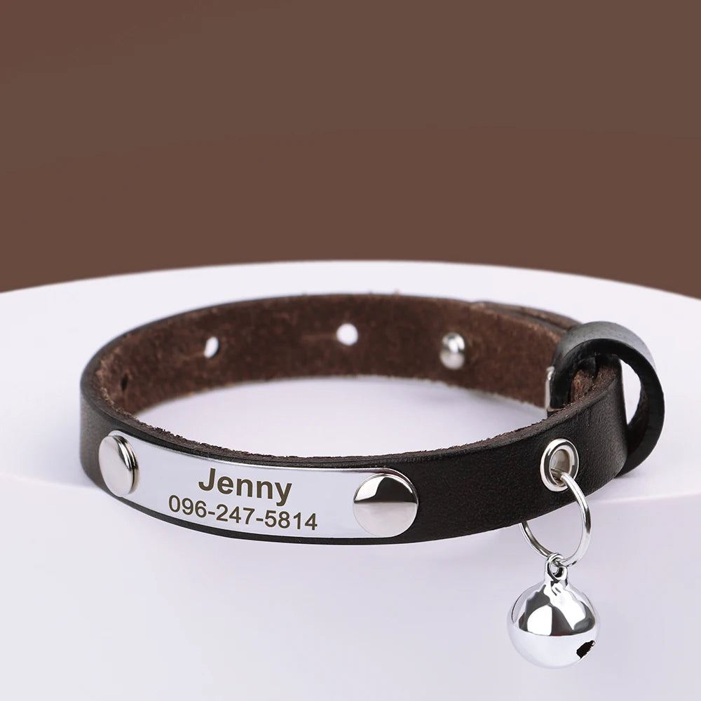 Personalized Leather Cat Collar With Bell, Adjustable Engraved Name And Phone ID Tag
