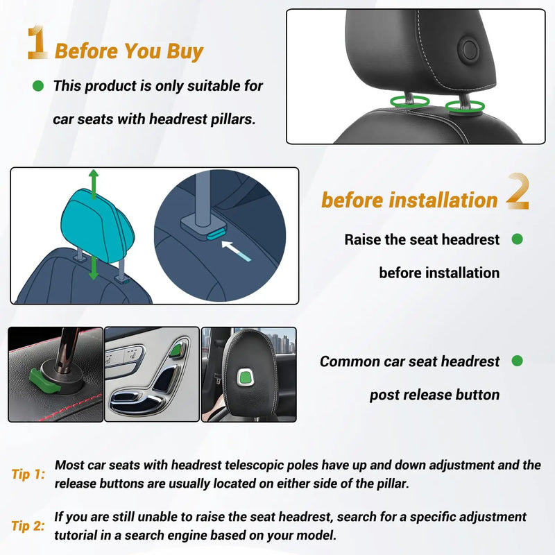 Car Headrest Pillow, Thick Memory Foam Neck Support, 180° Adjustable, Foldable Travel Cushion installed on a vehicle seat
