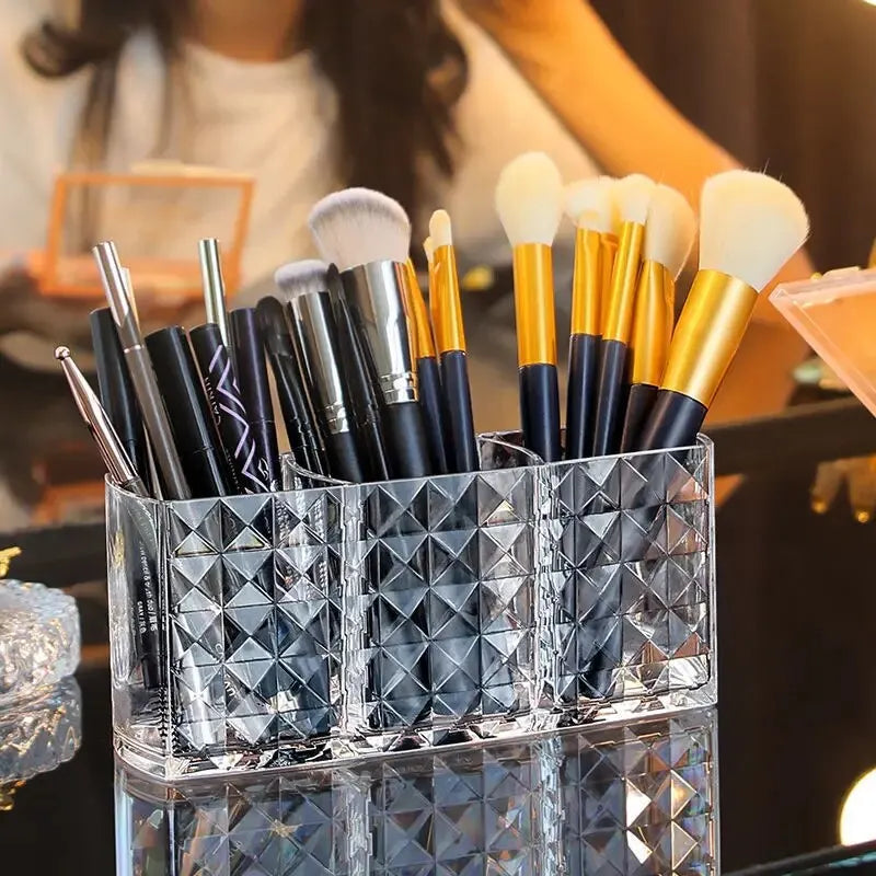 Diamond Patterned 3-Grid Transparent Storage Box, Cosmetic And Bathroom Organizer showing its clear three-compartment design