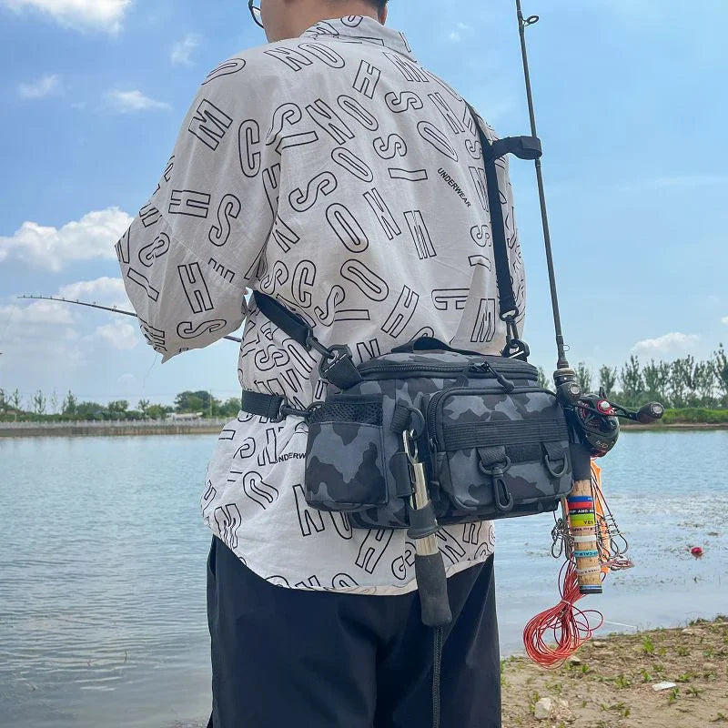 Black Fishing Tackle Shoulder Bag, Nylon Waist Pack With Fishing Rod Holder For Outdoor Sports with compact storage design