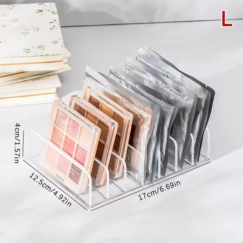 7-Compartment Makeup Organizer, Clear Eyeshadow Palette Storage Rack For Desktop Or Drawer shown as a clear cosmetic organizer with seven compartments