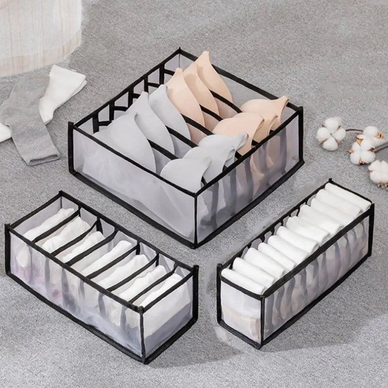 Foldable Drawer Organizer Box For Socks, Underwear, Bras, And Jeans, 7/9/11 Grids shown inside a dresser drawer