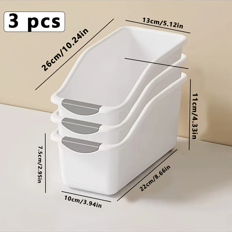 1/3pcs Multi-Functional Curved Storage Baskets, Space-Saving Plastic Organizer Boxes For Home arranged neatly on a shelf