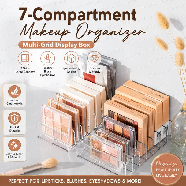 7-Compartment Makeup Organizer, Clear Eyeshadow Palette Storage Rack For Desktop Or Drawer shown holding makeup palettes