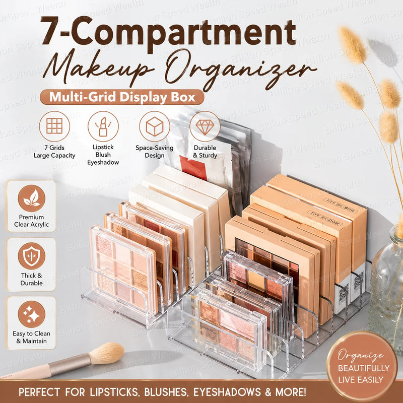 7-Compartment Makeup Organizer, Clear Eyeshadow Palette Storage Rack For Desktop Or Drawer shown holding makeup palettes