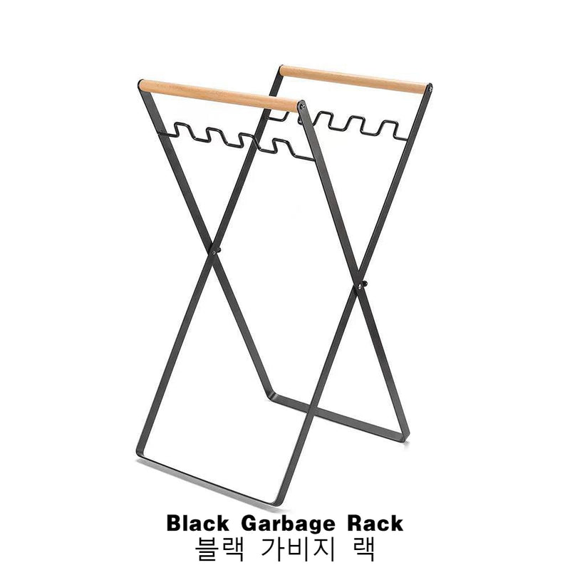 MOUNTAINHIKER Folding Iron Garbage Bag Rack With Wooden Handle, Portable Kitchen Organizer with an open garbage bag holder
