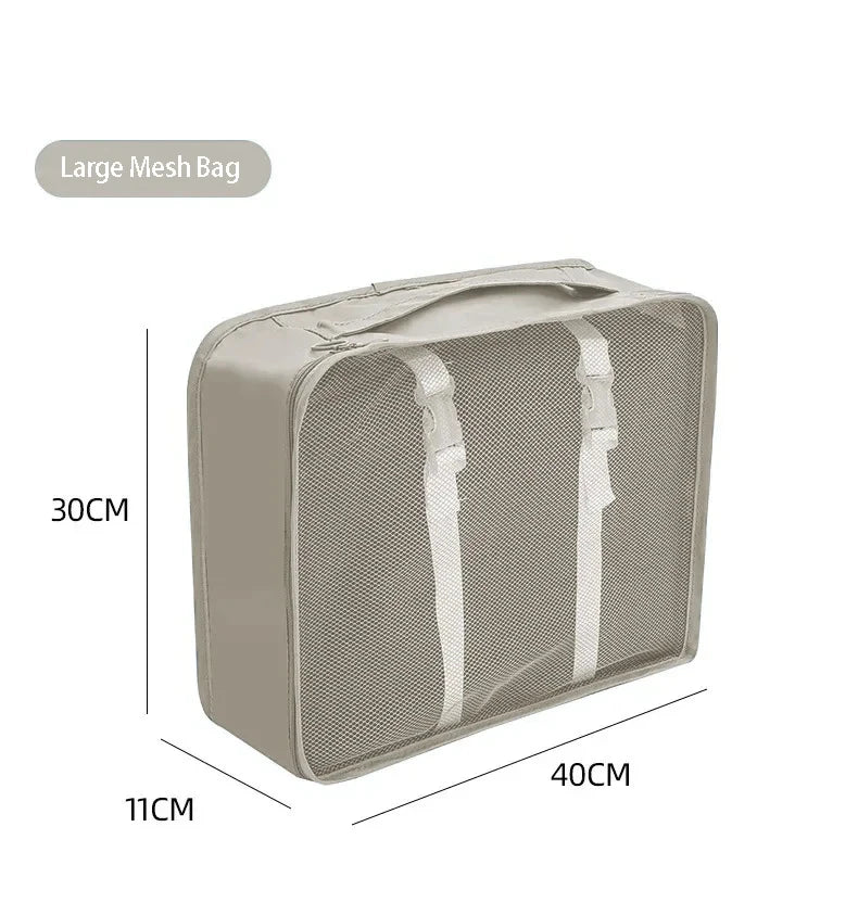 7/10-Piece Oxford Travel Organizer Set, Packing Cubes, Shoe Pouches, Foldable Luggage Bags arranged for organized suitcase packing