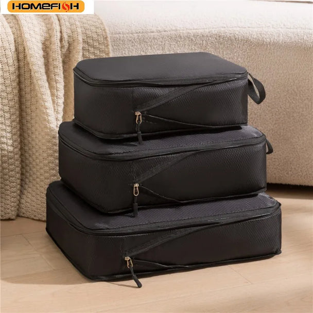 HOMEFISH 3-Piece Compressible Travel Packing Cubes, Waterproof Luggage Organizer Set shown neatly packed with clothing for organized travel