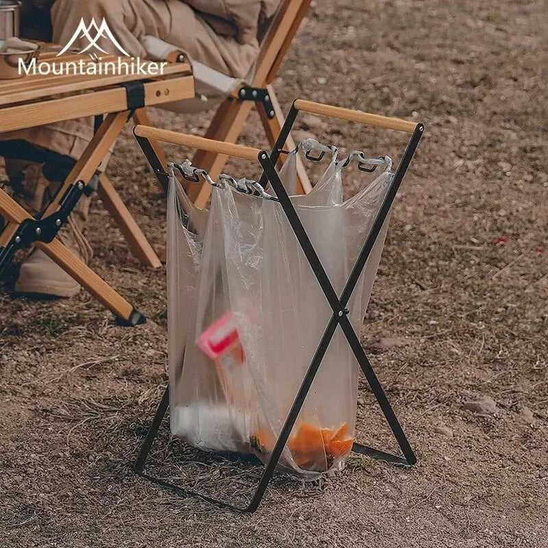 MOUNTAINHIKER Folding Iron Garbage Bag Rack With Wooden Handle, Portable Kitchen Organizer folded flat for space-saving storage