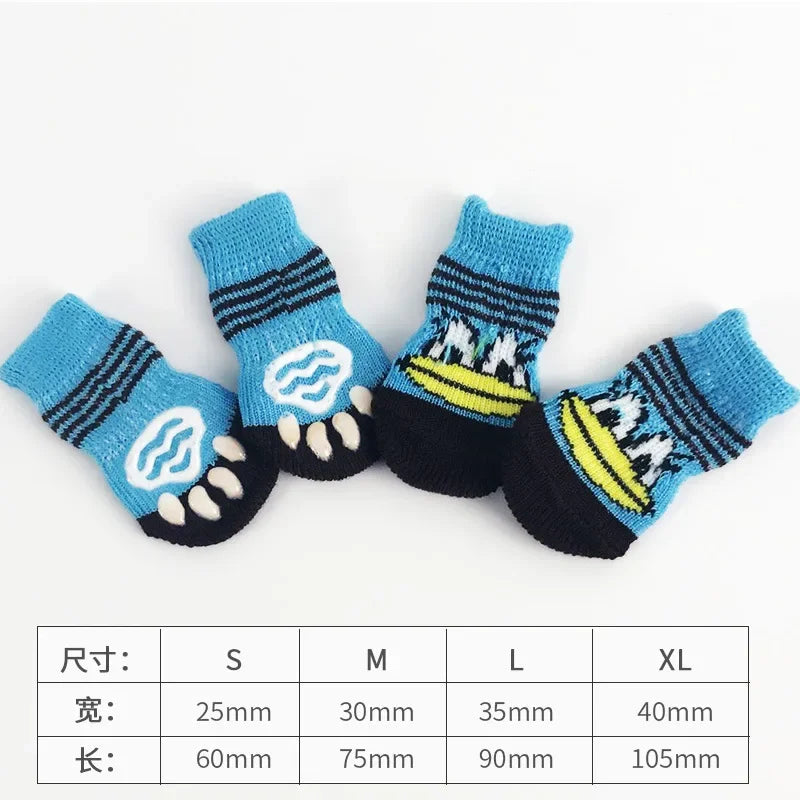 4-Piece Cute Pet Dog Socks, Printed Non-Slip Cat Shoes, Warm Polyester Paw Protectors featuring printed paw grips for better traction on smooth floors