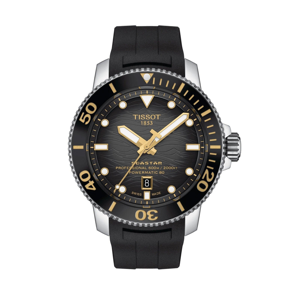 Tissot Seastar 2000 Professional Powermatic 80 Automatic Diver Watch 600m Black Rubber with black wave dial and stainless steel case