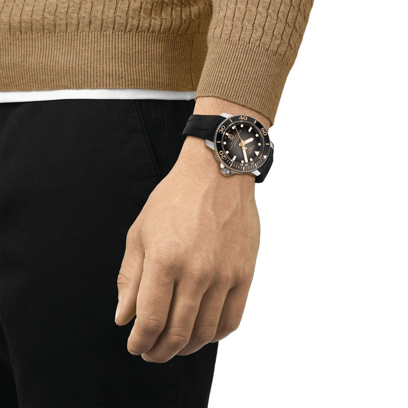 Tissot Seastar 2000 Professional Powermatic 80 Automatic Diver Watch 600m Black Rubber featuring a ceramic dive bezel and black rubber strap