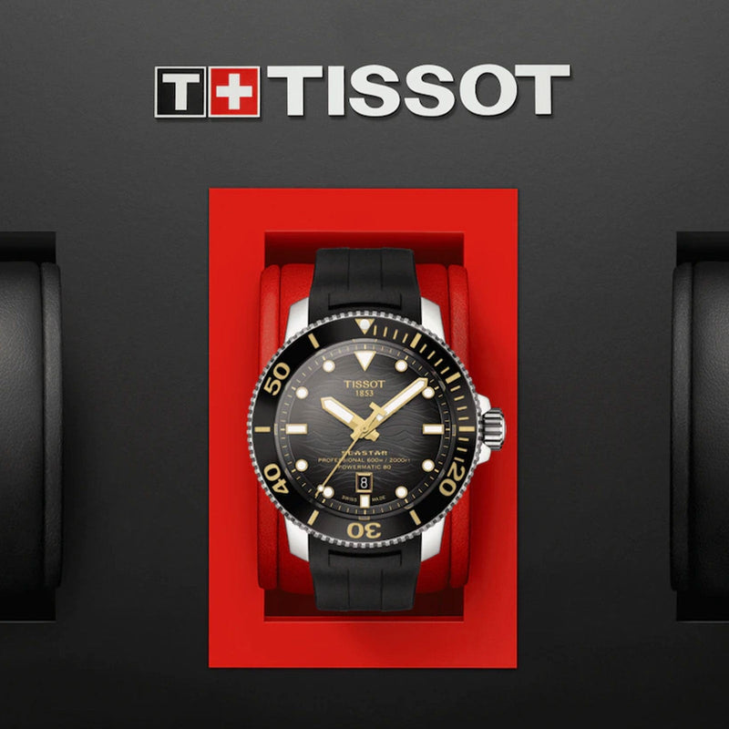 Tissot Seastar 2000 Professional Powermatic 80 Automatic Diver Watch 600m Black Rubber strap and dive watch design