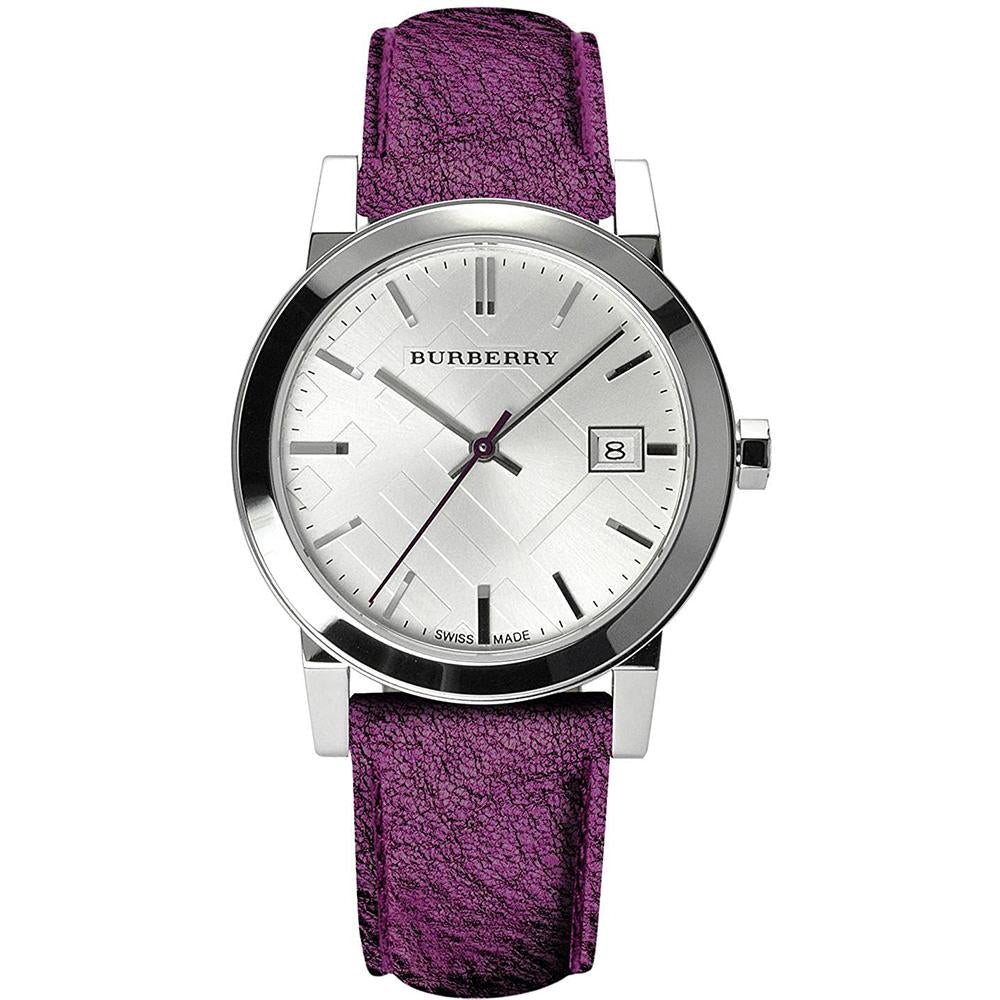 Burberry BU9122 Ladies Watch, Purple Leather Strap, Silver Dial, 34mm Quartz, 50m Water Resistant