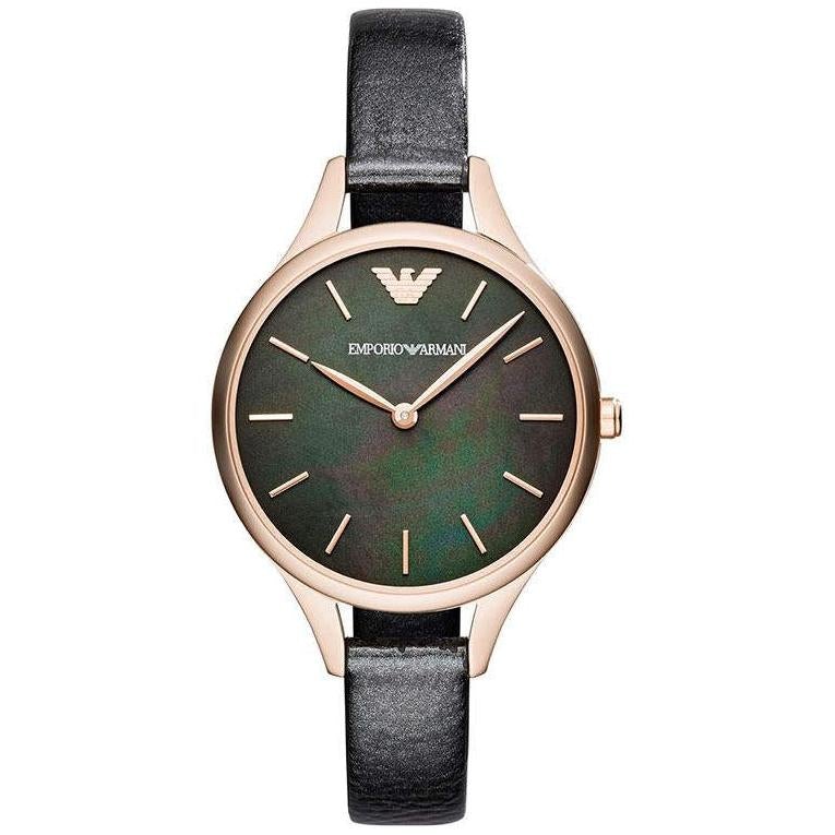 Emporio Armani AR11056 Aurora Women's Rose Gold Black Leather Strap Watch With Mineral Crystal