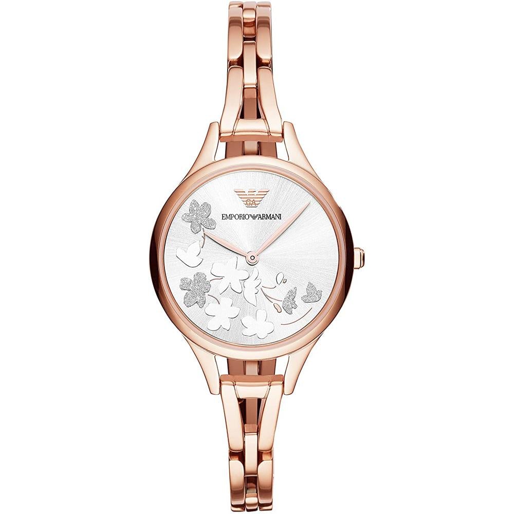Emporio Armani AR11108 Ladies Rose Gold Bracelet Watch With Floral Silver Dial